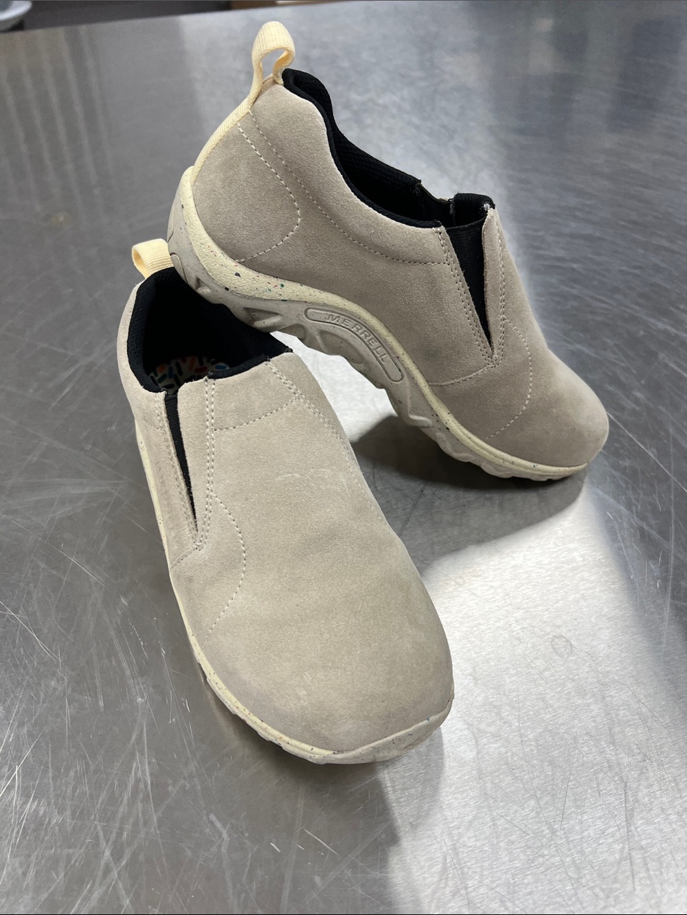 Merrell Slip-On Suede Sneakers in Light Beige with Black Accents Kids 3.5